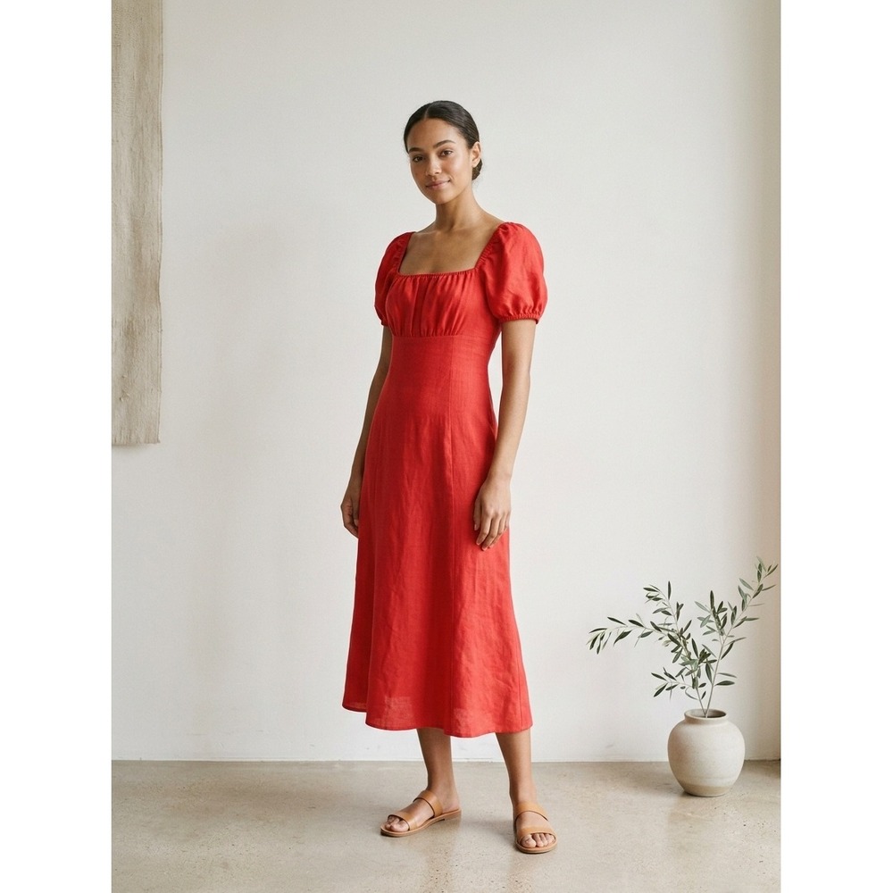 Boden Red Linen Blend Puff Sleeve Midi Dress Square Neck Smocked 4P Vermillion